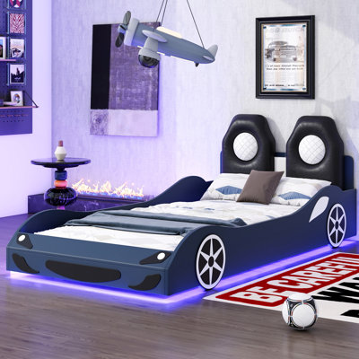 Blue Twin Race Car Platform Bed With Led Ambient And Soft Size Wood - Enjoyable Resting