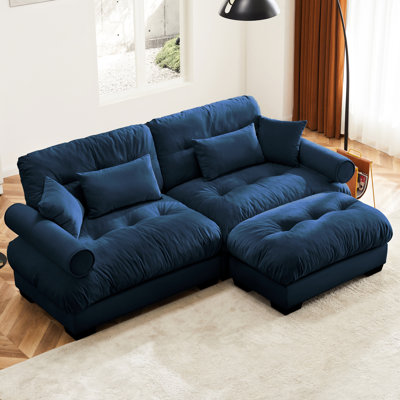 Fauteuil à deux places moderne en velours bleu avec traversin rond, siège moelleux pour la salle de lecture, support de siège profond, options flexibles, éponge à haute résilience confortable, structure