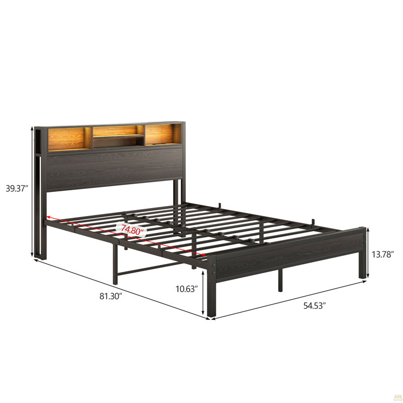 Structure de lit double avec tête de lit avec rangement, lit plateforme en métal avec station de charge