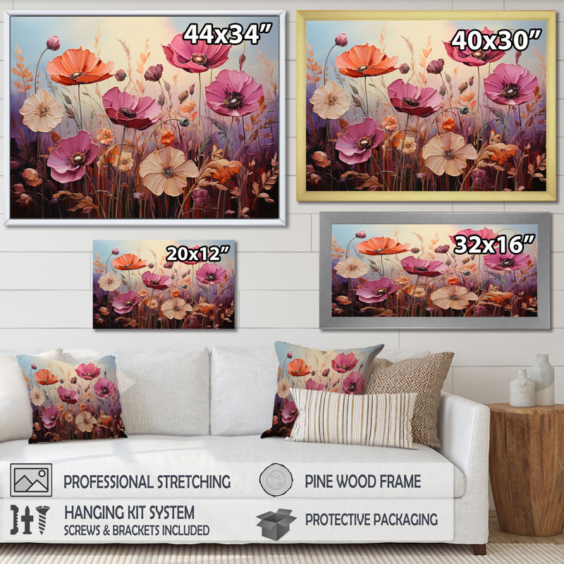 «Pink Crimson Flower Meadow Field» sur toile, Toile tendue, H 24 po x l 32 po x P 1,5 po