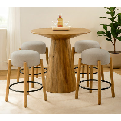 Gwinn 36" Counter Table Set With 4 Natalia Counter Stools In Silver Boucle Fabric