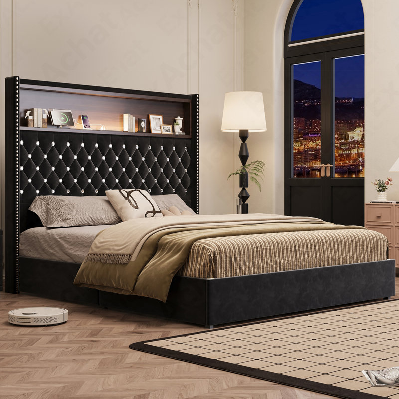 Cadre de lit doux en velours pour grand lit avec port USB et veilleuse, tête de lit de 52 po de hauteur avec décoration rivetée, lit plateforme à oreilles avec tablette de tête de lit, noir