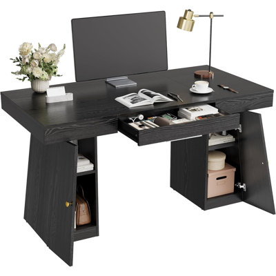 Bureau d'ordinateur moderne de 55 po avec tiroirs et tablettes de rangement, grand bureau pour le bureau personnel, table d'écriture de jeu