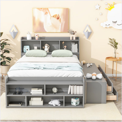 Full Bed With Bookcase Headboard, Under Bed Storage Drawers And Bed End Storage Case