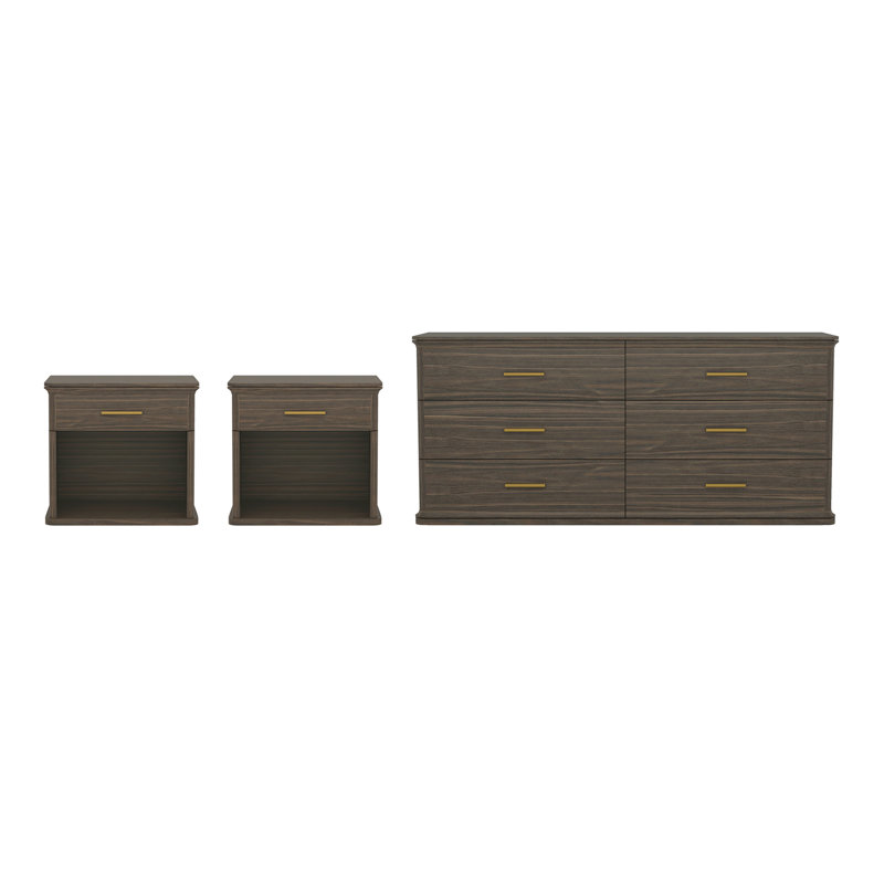 Ensemble de chambre à coucher avec commode et table de chevet 3 pièces Clifford, Walnut