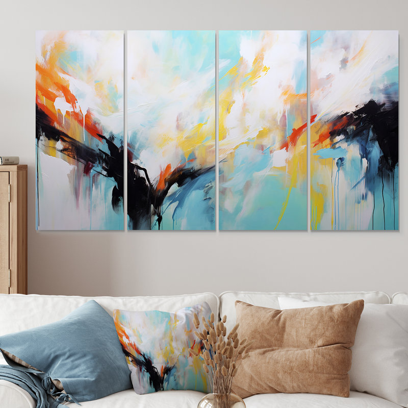 Bleu azur et blanc fusion - ensemble de 4 peintures abstraites, H 32 po x l 64 po