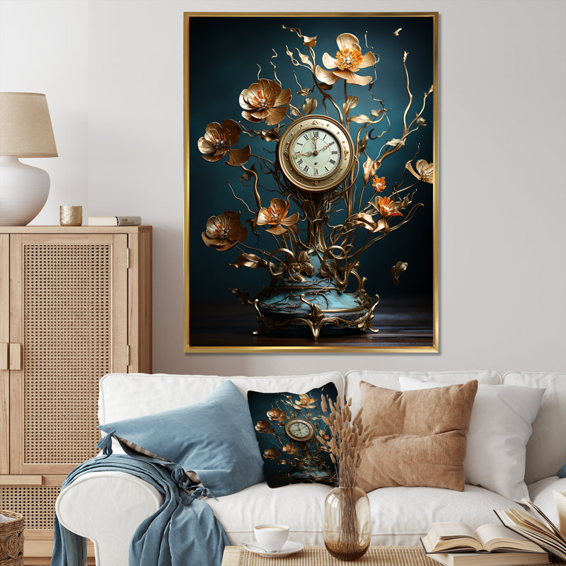 Fantastique jardin d'horlogerie sur toile, Cadre flottant doré, H 44 po x l 34 po x P 1,5 po