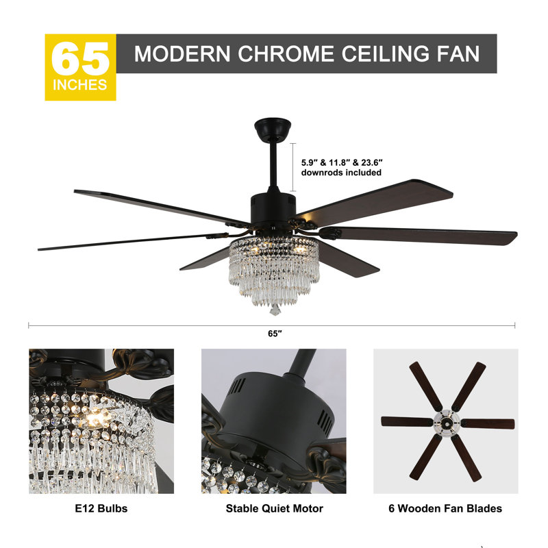 65 Inch Modern Crystal Ceiling Fan with Light and Remote, 6-Speed Quiet DC Motor, Timer for Large Living Room, Bedroom, Black