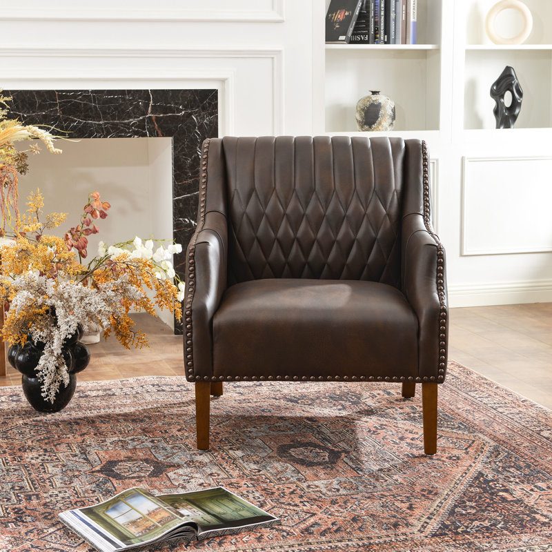 30.5'' W Top-grain Genuine Leather Upholstered Armchair, Brown