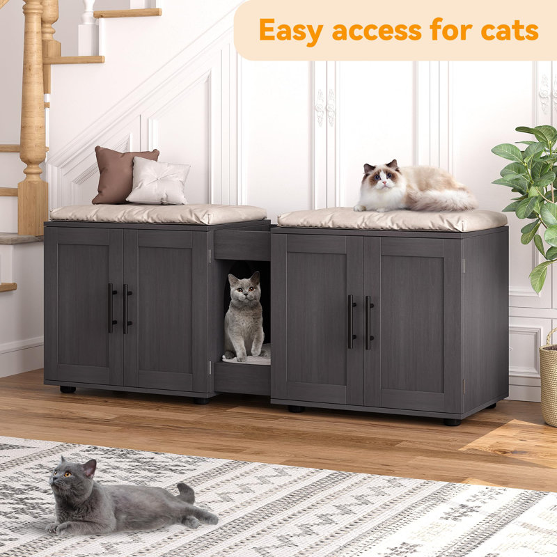Large Wooden Cat Litter Box Enclosure With Dual Entrances, Cat Head  Cutouts Storage Stylish Hidden Cat Bathroom For Living Room Or Bedroom, 