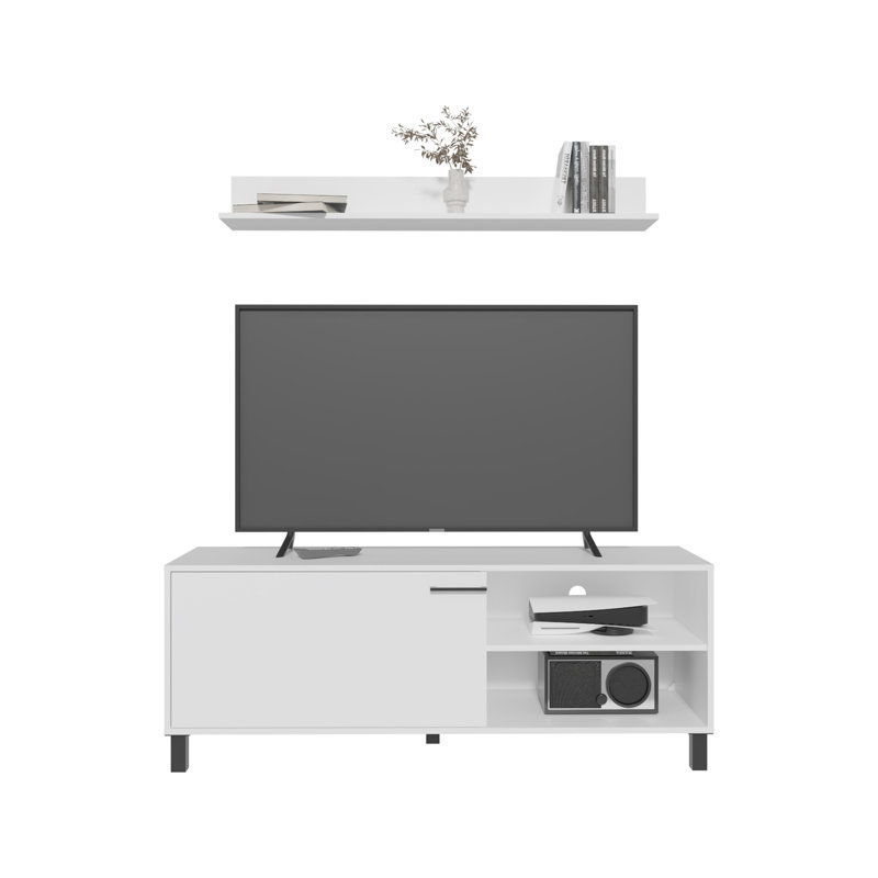 Ensemble de salon, meuble télé + tablette murale, 1 porte, 3 tablettes, blanc