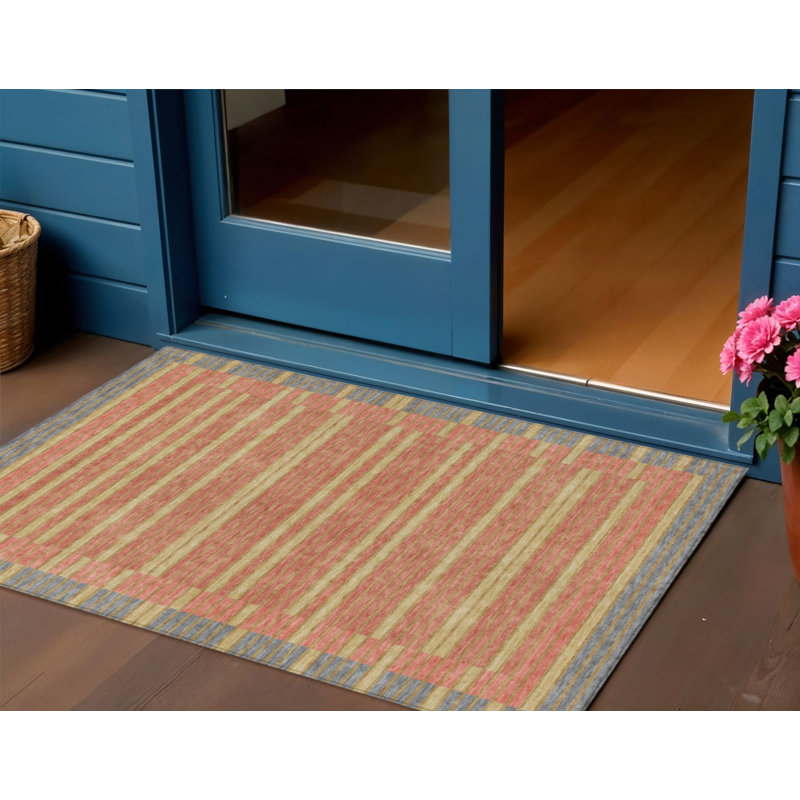 3' X 5' Pewter And Gold Striped Washable Indoor Outdoor Area Rug
