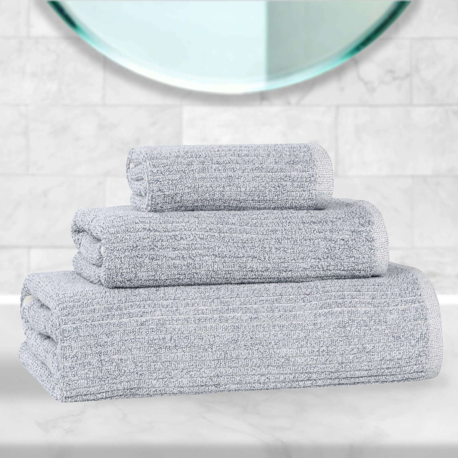 Amberg 3-Piece Ribbed Cotton Towel Set, Denim Blue