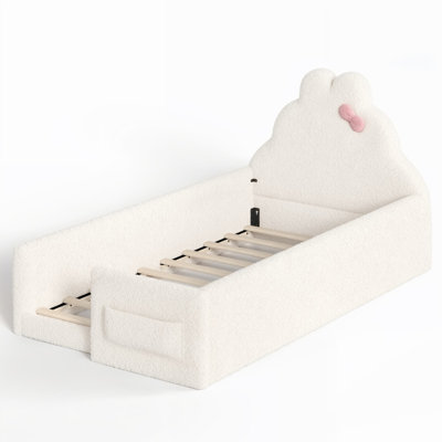 Lit de sol rembourré une place, lit bas au niveau du sol, lit d'enfant rembourré et doux, cadre de lit enfant sécurisé avec une poche de rangement latérale. Beige