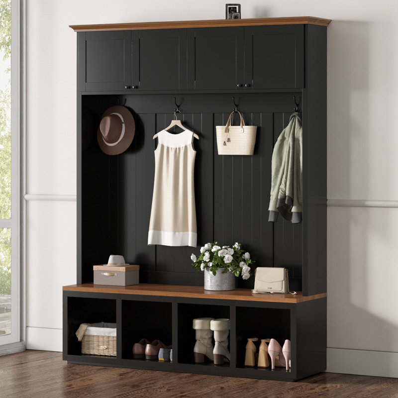 59" W Farmhouse Hall Tree with Bench & Storage – 4-in-1 Entryway Organizer with 4 Top Cabinets, 4 Open Bottom Cubbies & Coat Hooks – Wood-Grain Accent for Hallway, Mudroom, Living Room – Anti-Tip Safety