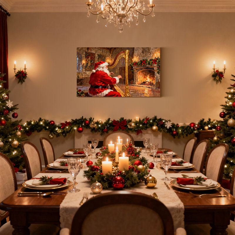 Ensemble de 3 reproductions d'art sur toile, "Christmas Santa jouant de la harpe par le foyer", H 16 po x l 24 po