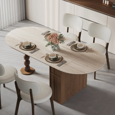 70.87" L Foldable Oval Dining Table with Storage, Extendable Kitchen Table, Sintered Stone Tabletop & Wood Base Dining Table