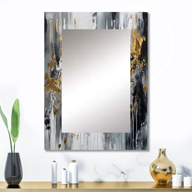 Black And White Delicate Brushstrokes I - Marble Decorative Mirror, Gray Wall Mirror, Printed Metal Art, 32" x 24"