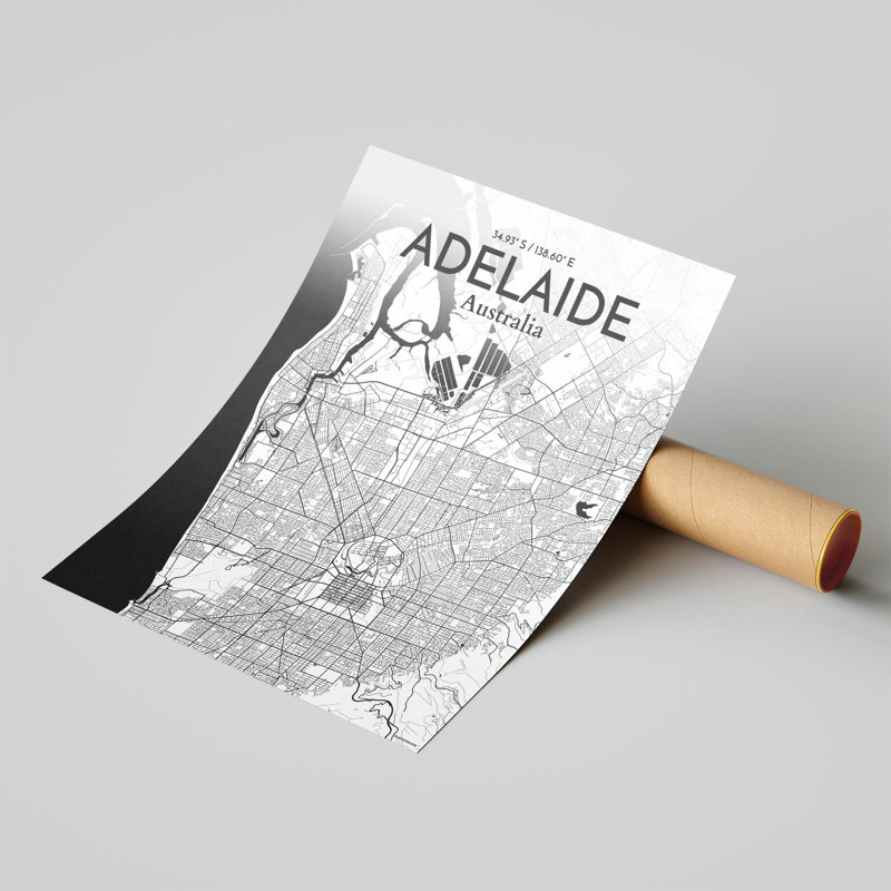 Adelaide City Map, impression, Noir et blanc, H 20 po x l 16 po