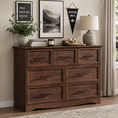Dresser for Bedroom, 47" Wide Farmhouse Chest of Drawers with Brushed Metal Handle, Wood Dresser Tv Stand for Bedroom, Living Room, Hallway, Walnut