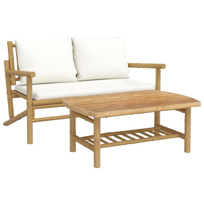 Ensemble de salon de patio 2 pièces Bay Isle Home™ avec coussins blanc crème en bambou