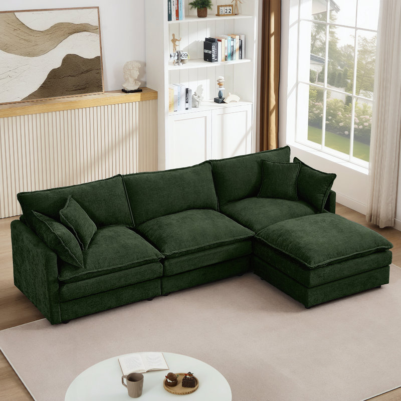 Boneless Modular Sectional Sofa, L Shaped Couch Set For Living Room, 3-Seater Comfy Cloud Couches With Movable Ottoman, Green