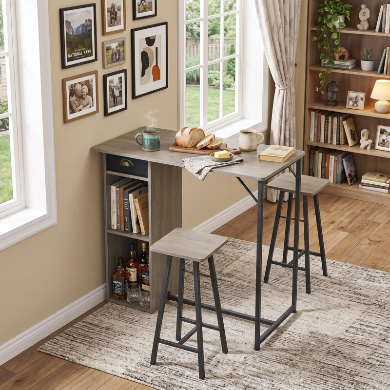 Ensemble de table et chaises de bar 3 pièces, tiroir et tablette de rangement intégrés, table à manger compacte pour petits espaces, idéale pour la maison ou le bureau