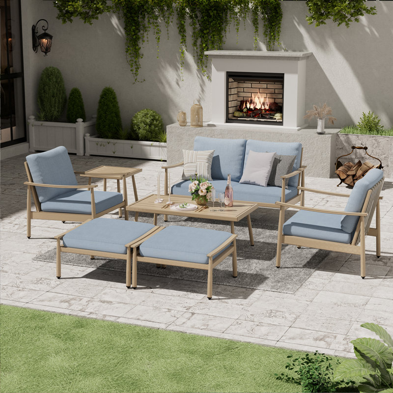 Mariene 52'' Wide L-Shaped Aluminum Patio Sofa with Cushions, Blue, Beige