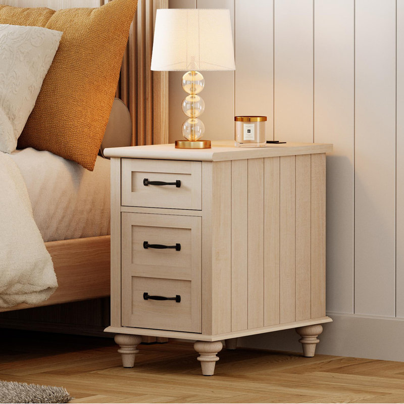 Nightstand With Charging Station, Side Table With One Drawer & One Cabinet, Beige, Set of 2