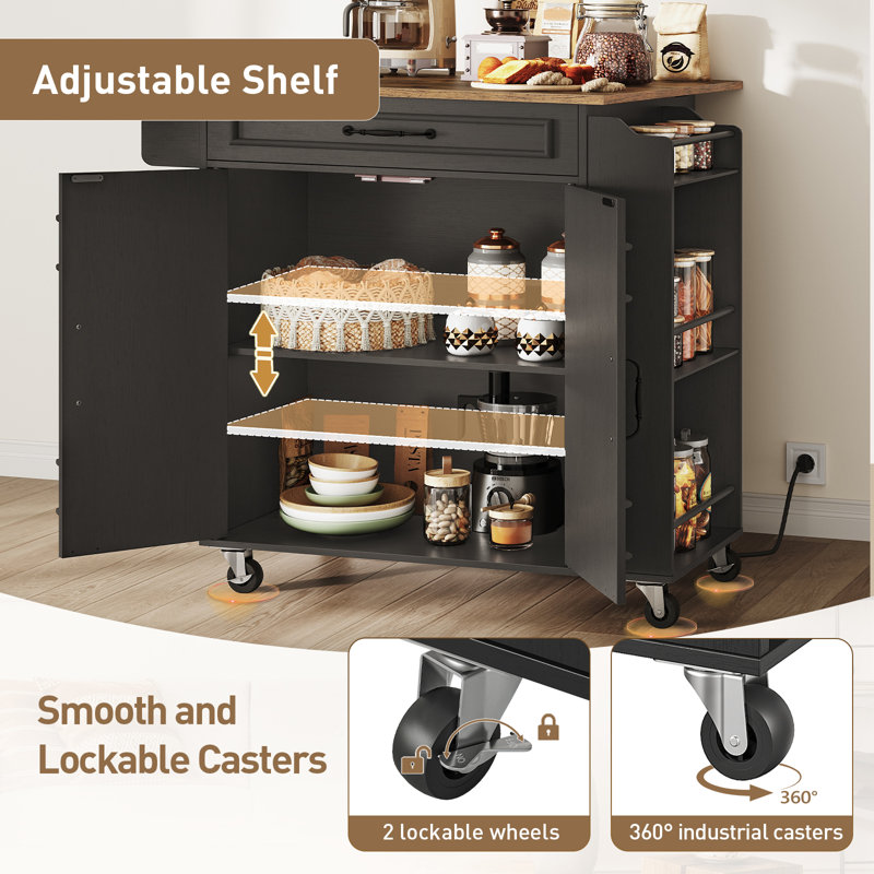 32.4" Kitchen Island with Power Outlets & Drop Leaf, Walnut/Black