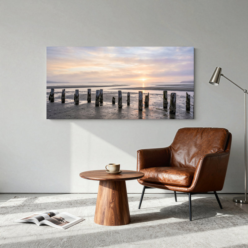 Ensemble de 1 tableau sur toile représentant un coucher de soleil sur la plage, Toile tendue, L 32 po x H 16 po