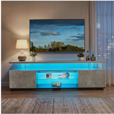 Meuble télé pour meuble télé 55 pouces à DEL avec console de rangement multimédia et grande armoire latérale pour le salon (gris et noir)