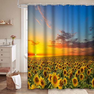 Sunflower Field Sunset Golden Landscape Shower Curtain with 12 Hooks
