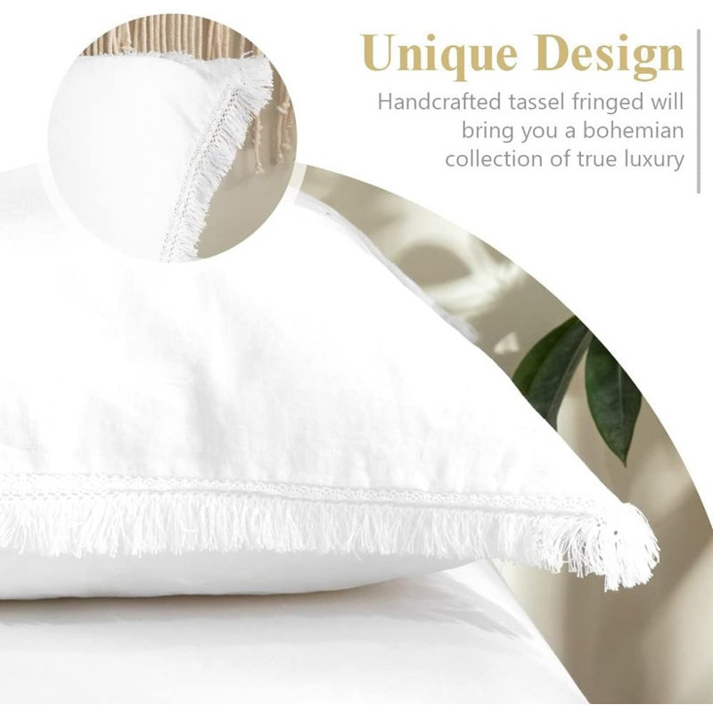 Ensemble de 2 taies d'oreiller 100% lin 100% lin belge, Pompon, blanc