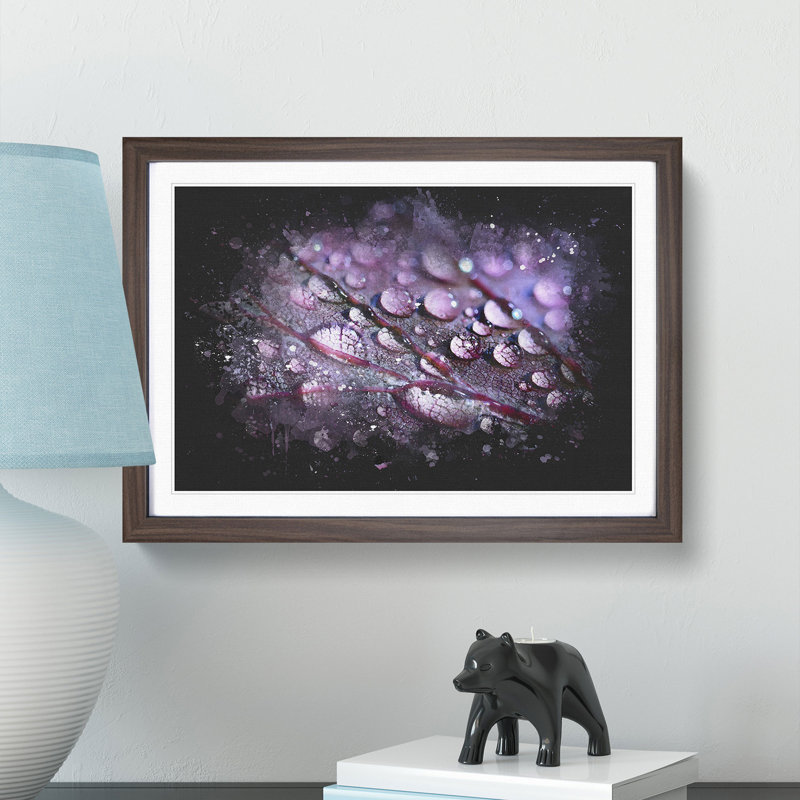Dewdrops Upon A Lilac Leaf Paint Splash - Framed Print, 33cm H x 45cm W x 2cm D, Walnut Framed