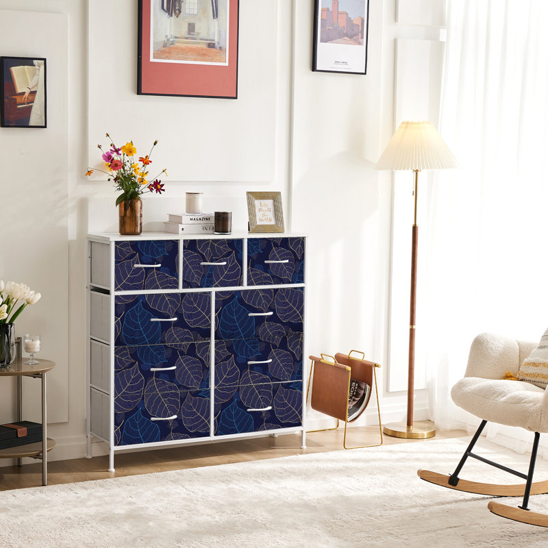Commode avec 9 tiroirs en tissu, commode haute pour chambre à coucher, commode à grandes tiroirs pour le salon, Blanc