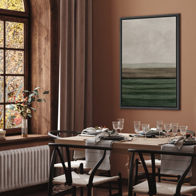 Abstract Green and Grey Landscape Framed Canvas Wall Art - Soft Gradient Fluid Painting Print for Living Room, Bedroom, or Office Decor