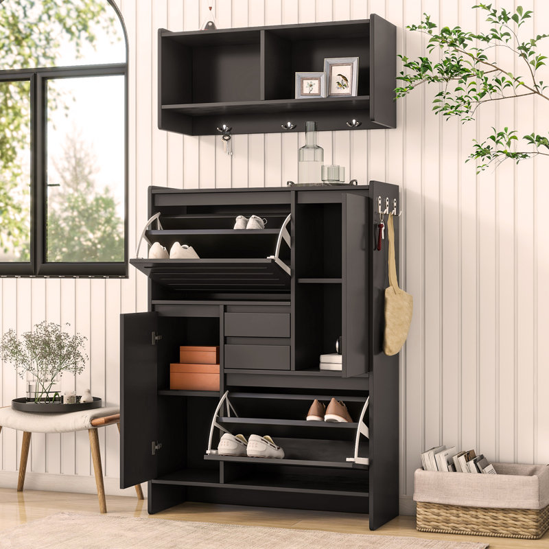 Multi-Functional Tipping Bucket Shoe Cabinet with Wall Cabinet, Space-saving Design Foyer Cabinet with 2 Flip Drawers, Black