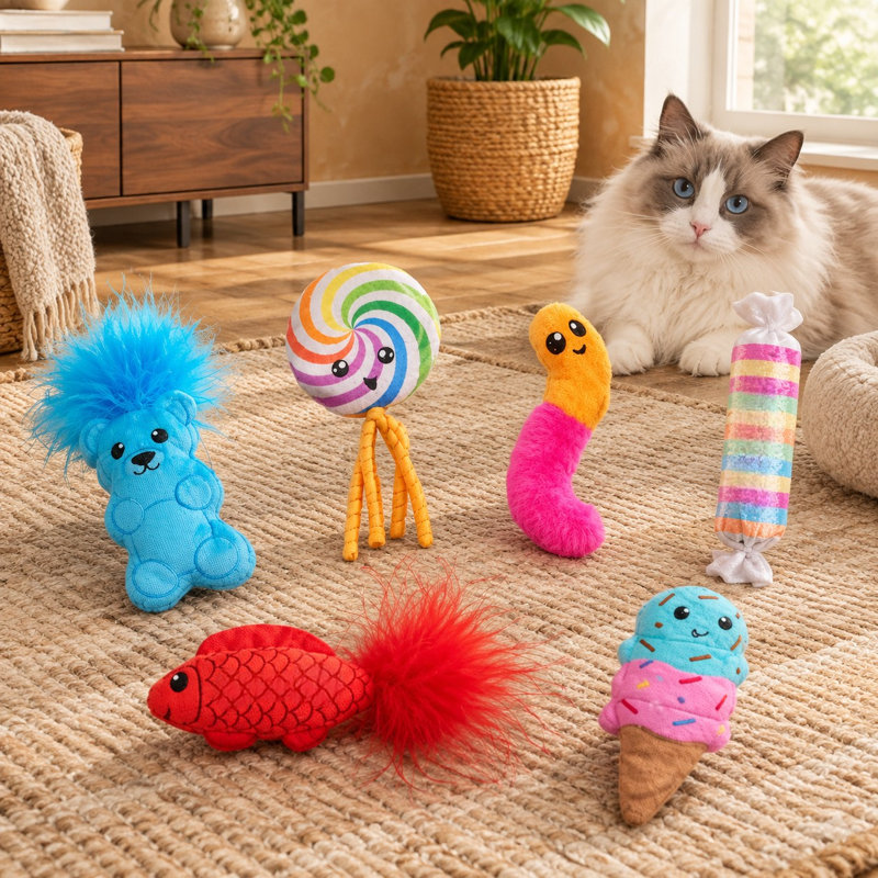Ensemble de 6 jouets en peluche multicolores à l'herbe à chat, en forme de gâterie, avec matière crissante et plumes