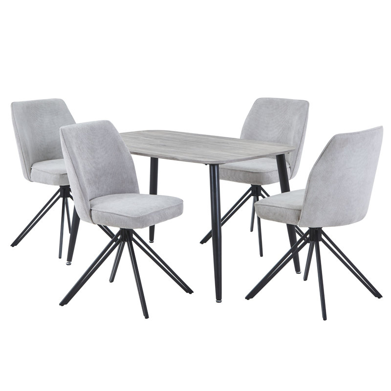 Aspen Rectangular Dining Table with 4 Swivel Upholstered Fabric Chairs - Modern Dining Set, Grey Oak, Light Grey