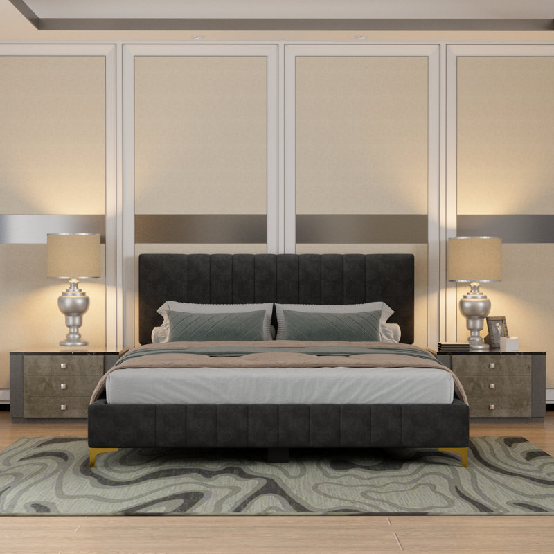 Jineane Upholstered Panel Bed, Full , Black/Gold