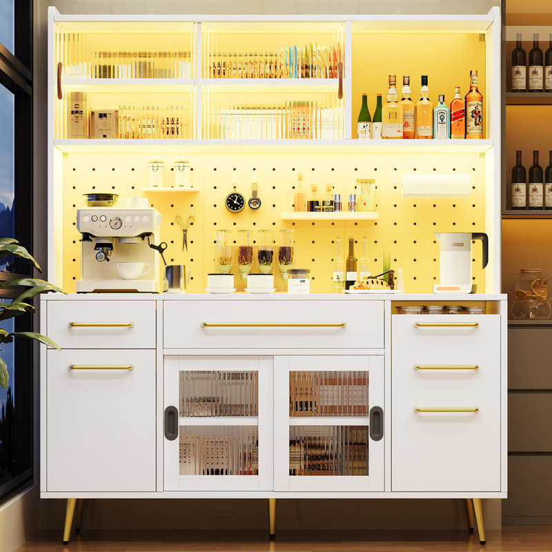 White Tall Cabinet with LED Lighting, with Perforated Wall, Drawer & Glass Shelves, Sideboard for Kitchen and Living Room