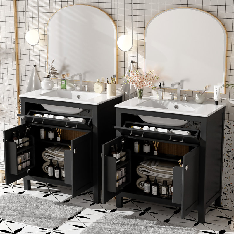 Ensemble de meuble-lavabo contemporain double en bois massif et panneau de fibres à densité moyenne 1 pièce 18,3 x 60 x 33,59 po