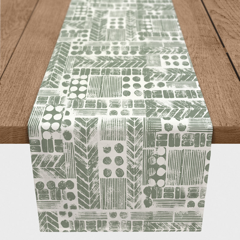Chemin de table aztec tribal stamp Harvir, 72 po x 16 po, Sauge vert