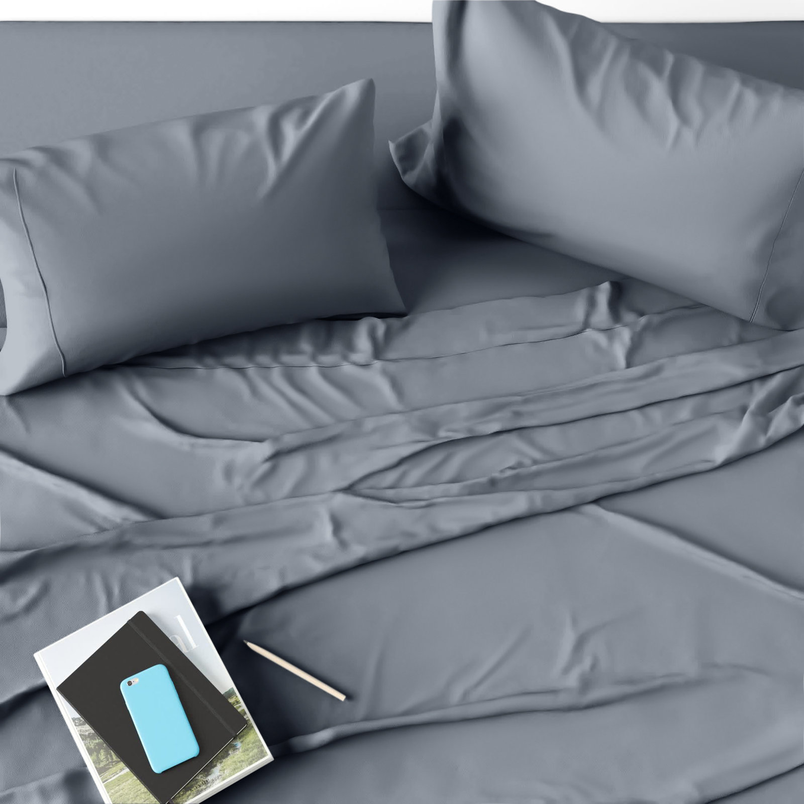 Jasmin Cotton Blend Sateen Sheet Set, Flint Blue, Queen