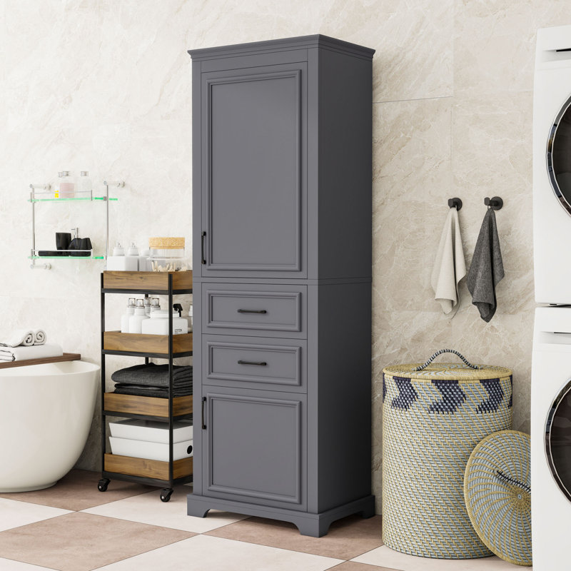 Freestanding Bathroom Storage Cabinet with Adjustable Shelves, 2 Drawers and 2 Storage Cabinets, Charcoal Gray