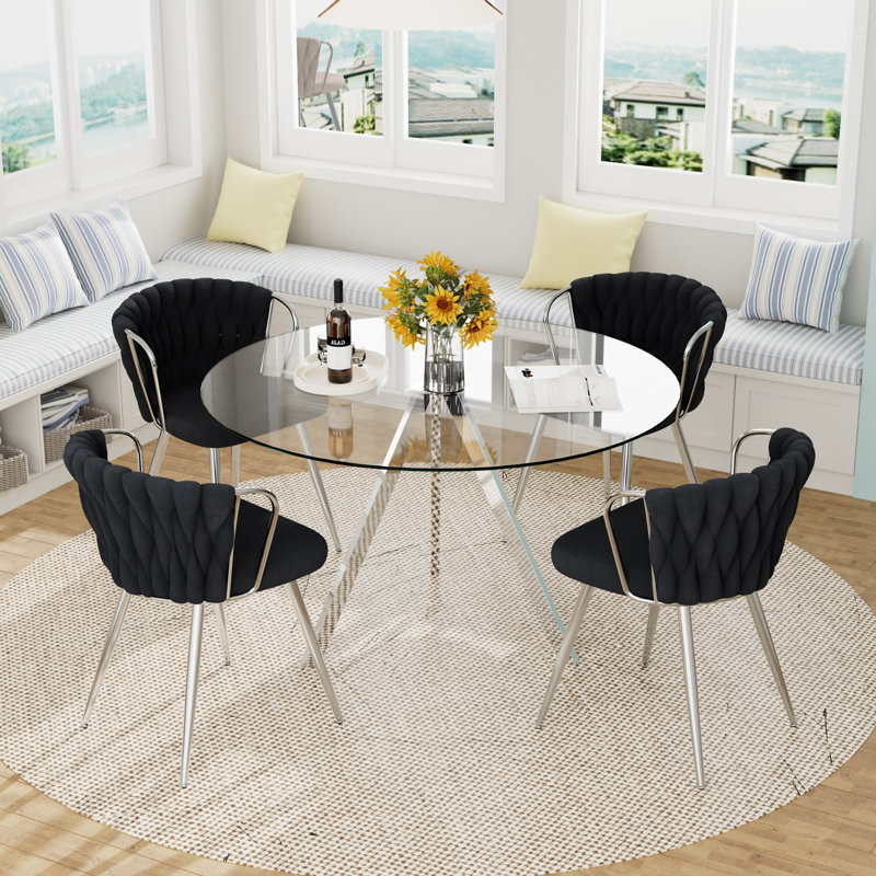 Ensemble de table ronde en verre pour 2 à 4 personnes, Noir, 5 pièces: table, 4 chaises, H 29,5 po x l 47 po x P 47 po