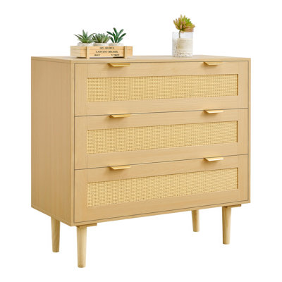 Commode 3 tiroirs en rotin, commode de garde-robe moderne pour chambre à coucher, commode en rotin naturel avec poignées en métal et pieds en bois, rangement pour vêtements et commode pour chambre à coucher, salon, couloir
