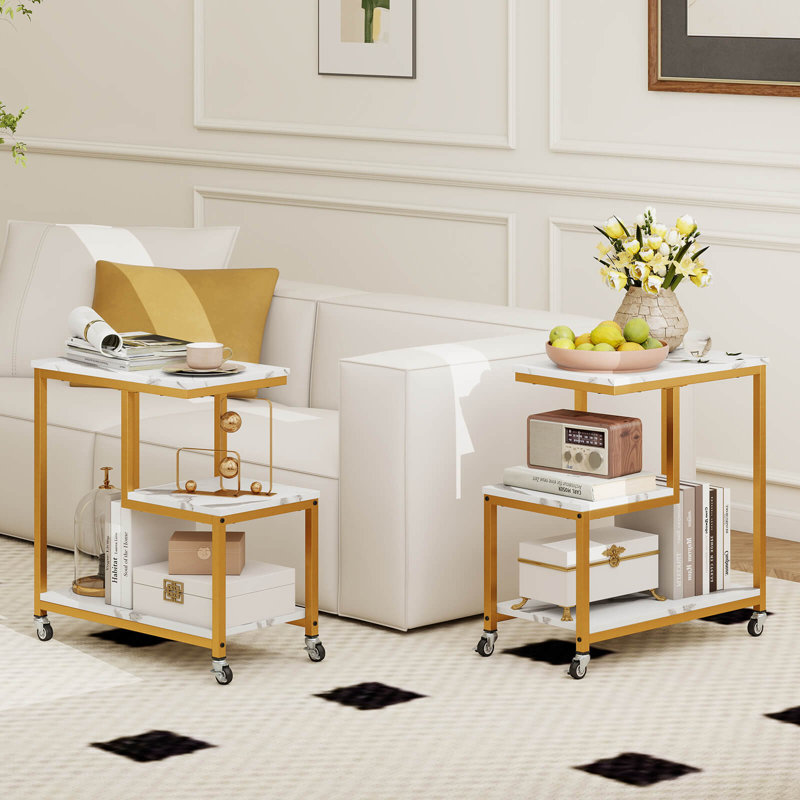 2 Pcs Modern G-shaped End Table With Storage Shelves & Lockable Casters For Living Room, White, Gold
