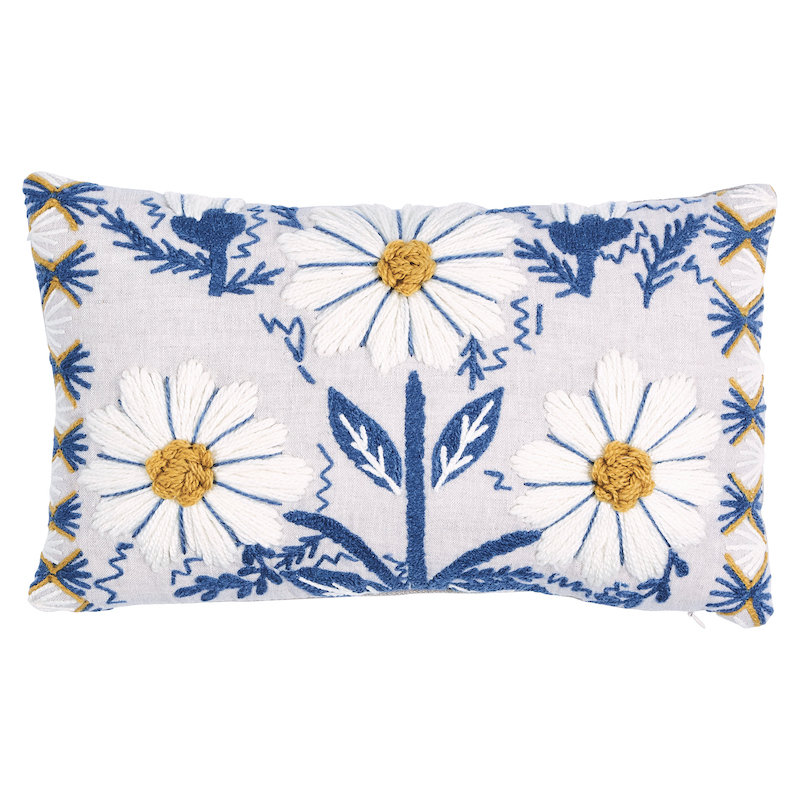 Marguerite Embroidery Pillow, Blue/Ochre